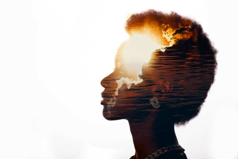 multiple exposure image with sunrise sea inside african american woman silhouette black lives matter mental state freedom mindset concept